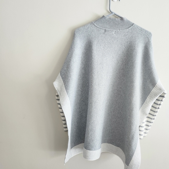 Zenana Gray and White Striped  poncho Sweater - Picture 3 of 6